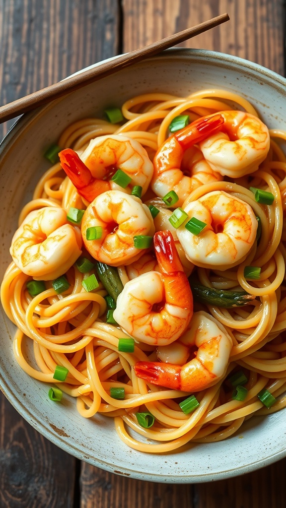 Garlic shrimp noodles garnished with green onions on a rustic wooden table.
